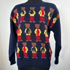 Vintage 80s Bear Sweater 2D Navy Red Yellow Cottagecore Granny M/L Womens